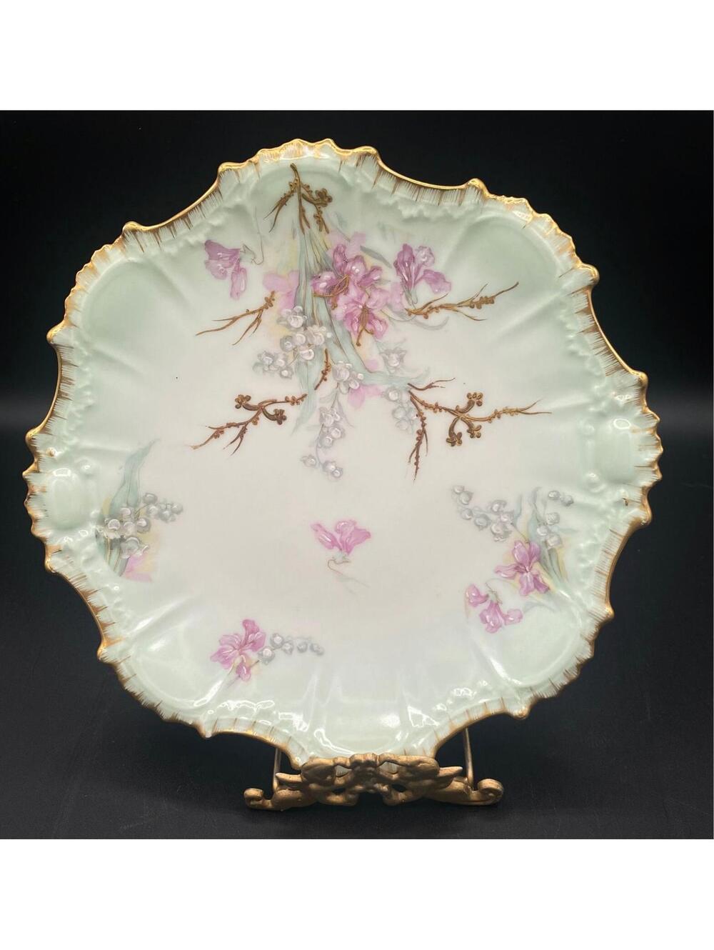Antique Limoges France Hand Painted Floral Cabinet Plate 8.5” Celadon Gilt c1900